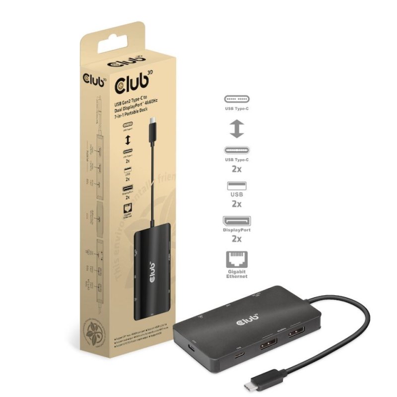 Club3D USB Gen2 Type-C to Dual DisplayPort hordozható dokkoló