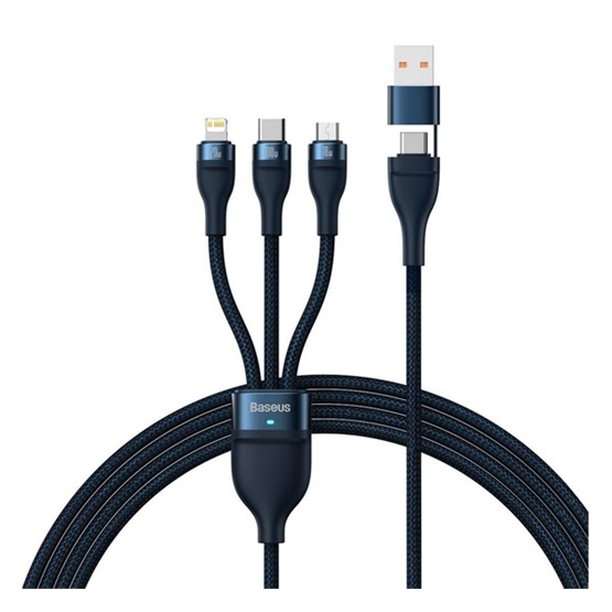 Baseus Flash II Two-for-Three USB Type-C/A – iPhone+USB Type-C+Micro USB, 100W gyorstöltő adatkábel, 1.2m, kék