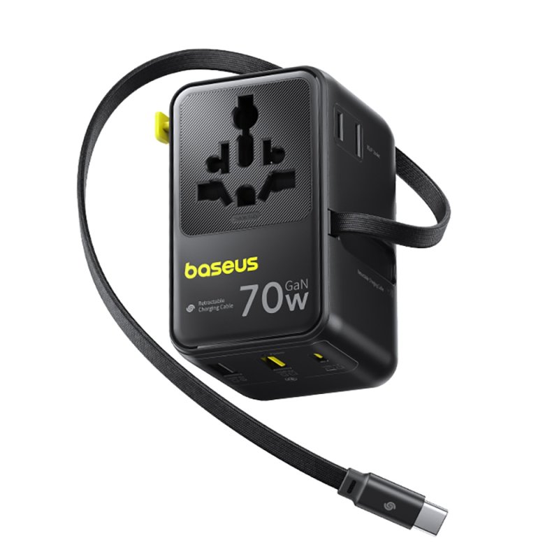 Baseus EnerCore CG11 töltőállomás, 70W, 1×AC + 2×USB Type-A + 1×USB Type-C + 1×USB Type-C automata behúzós kábel, fekete