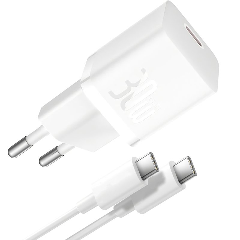 Baseus GaN5 Mini hálózati gyorstöltő 30W, USB Type-C, fehér + 100W USB Type-C, 1m kábel