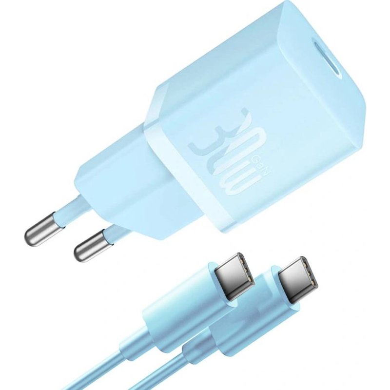 Baseus GaN5 Mini hálózati gyorstöltő 30W, USB Type-C, kék + 100W USB Type-C, 1m kábel